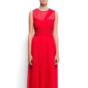MANGO RED DRAPED SILK DRESS EVENING HOLIDAY GOWN